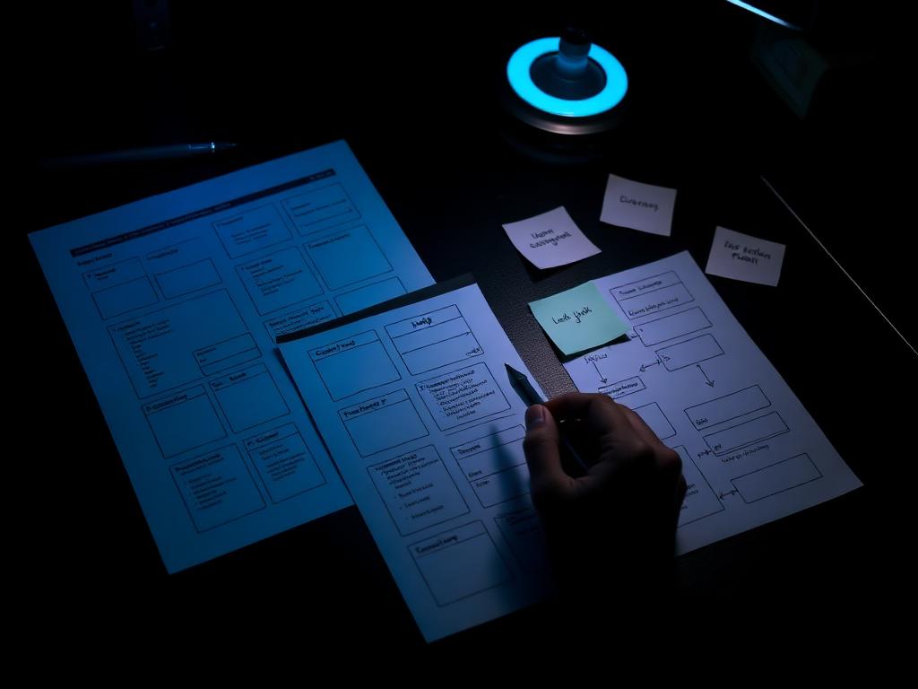 Hand sketching user interface wireframes and user flow diagrams