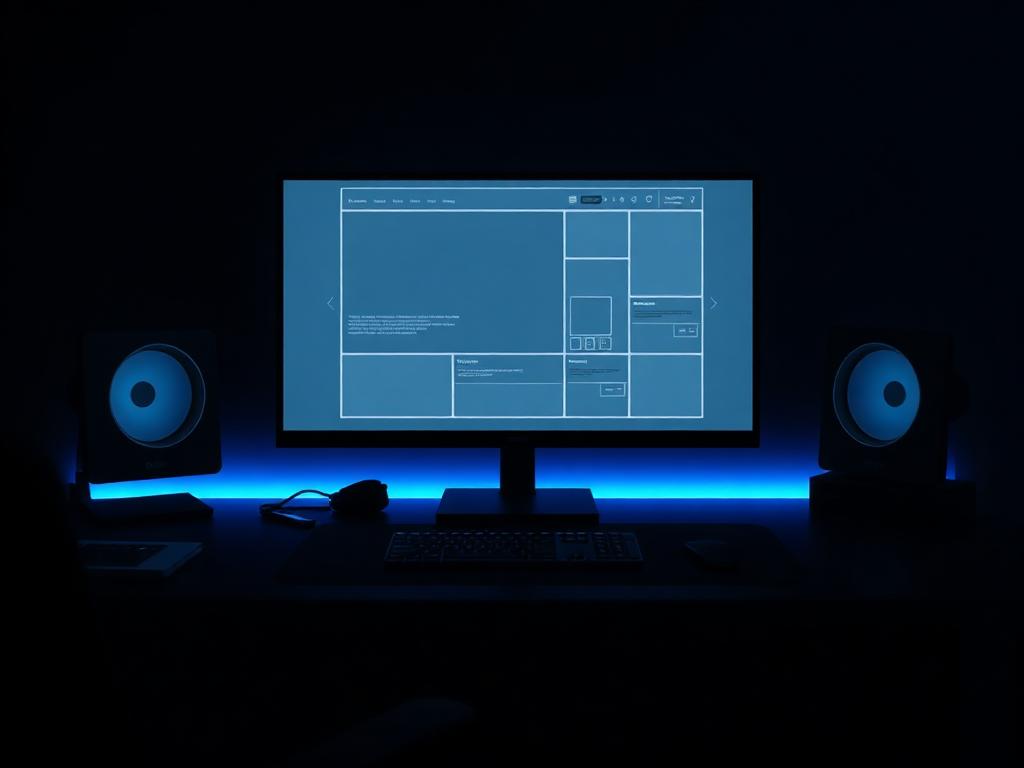 Monitor showing a custom website layout in a dark studio