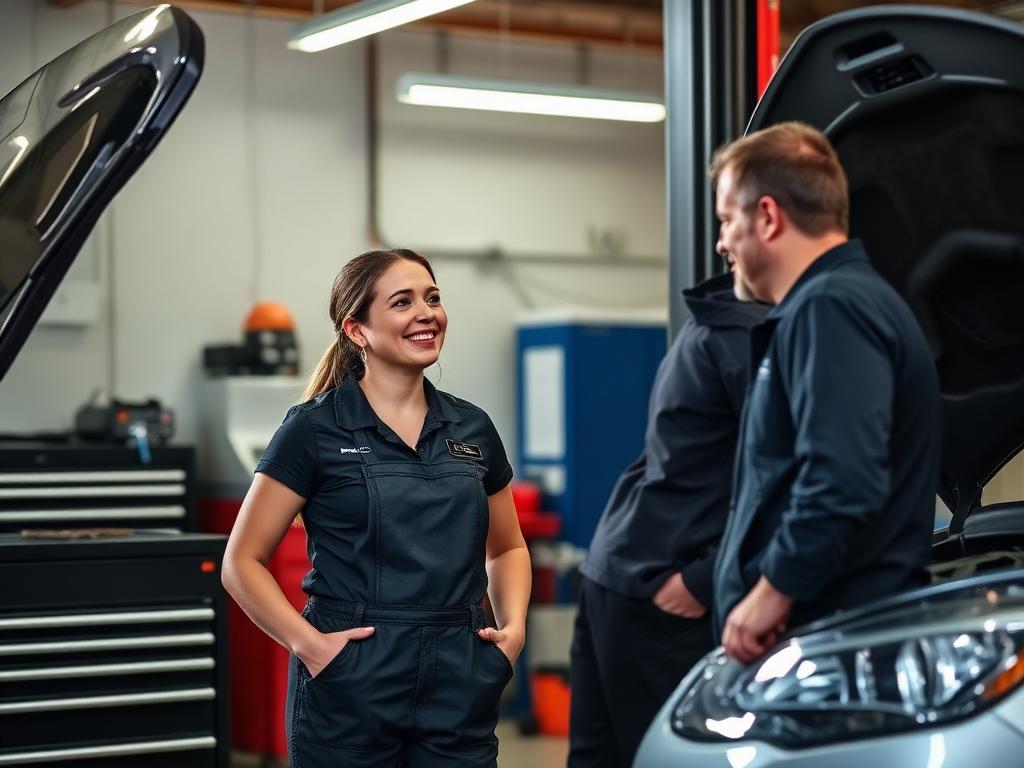 Mechanic talking with a customer beside a car in a repair shop