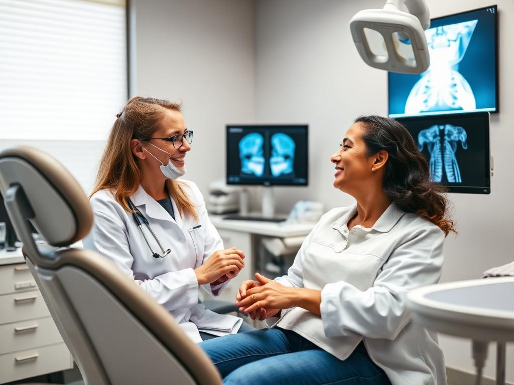 Dentist speaking with a patient in a modern dental office