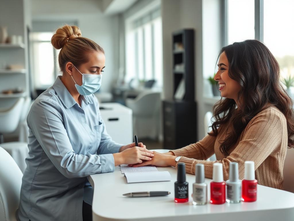 Nail technician giving a manicure in a clean salon
