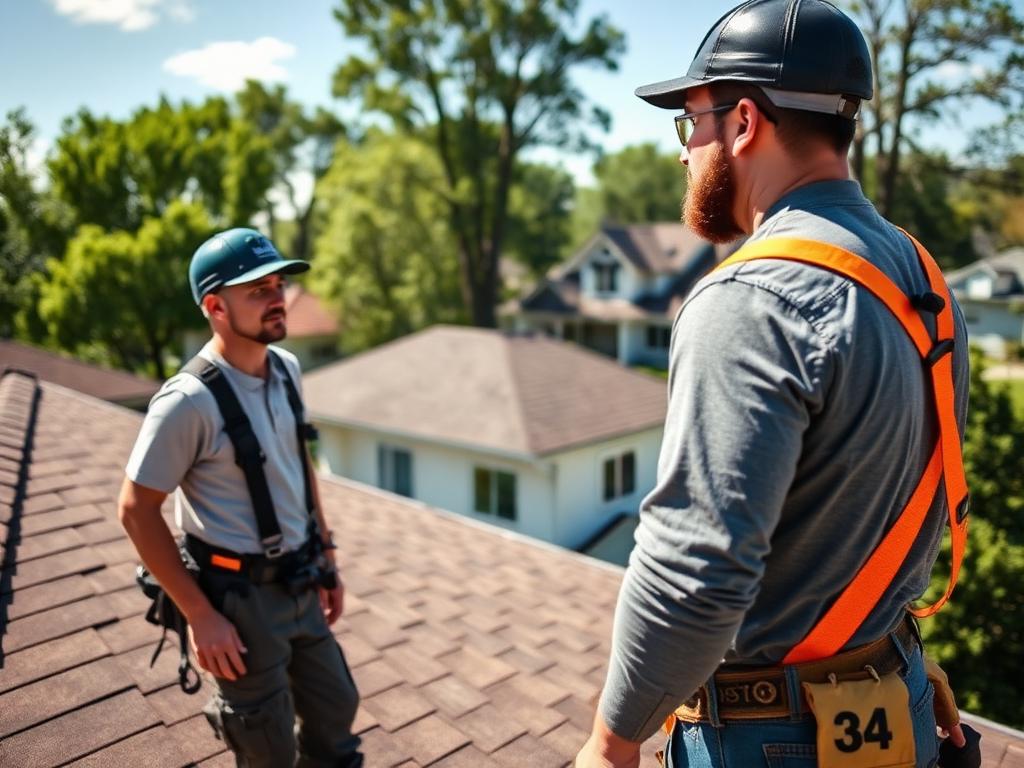 Roofing contractors on a suburban shingle roof