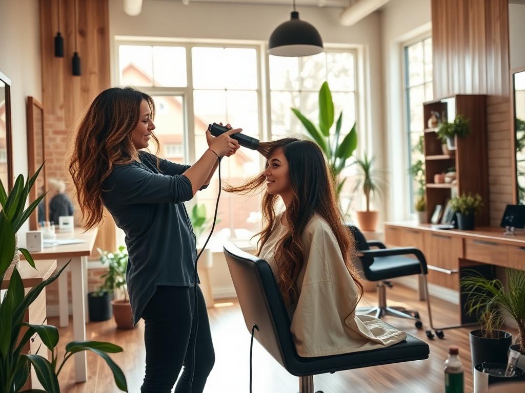 Stylist blow drying a client's hair in a bright salon